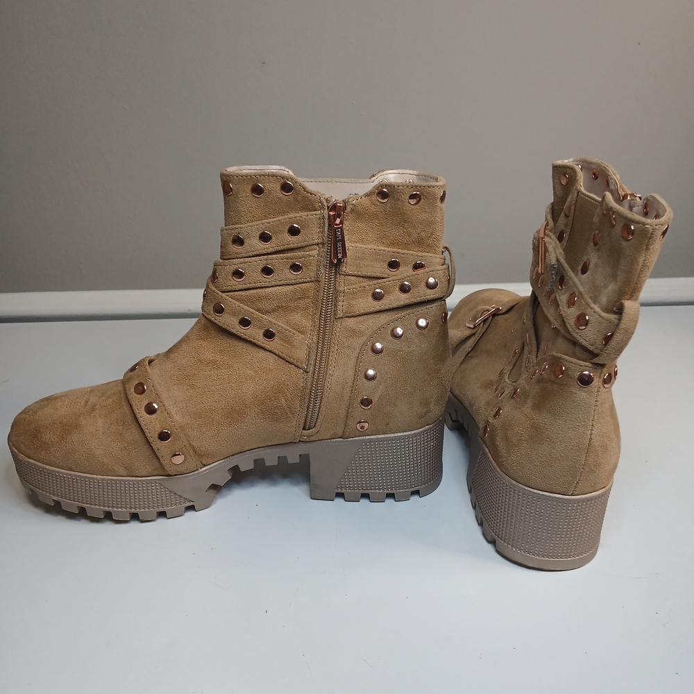 Tan Suede Feel Side Zip Strappy Studded Combat Boot 10